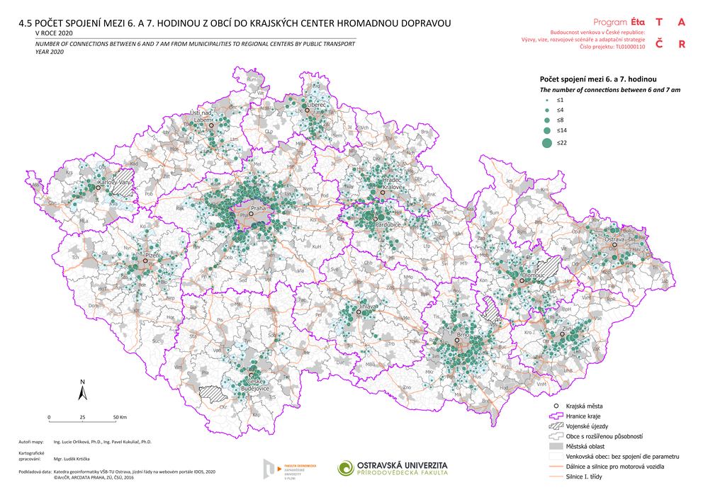 Počet spojení mezi 6. a 7. hodinou z obcí do krajských center hromadnou dopravou v roce 2020
