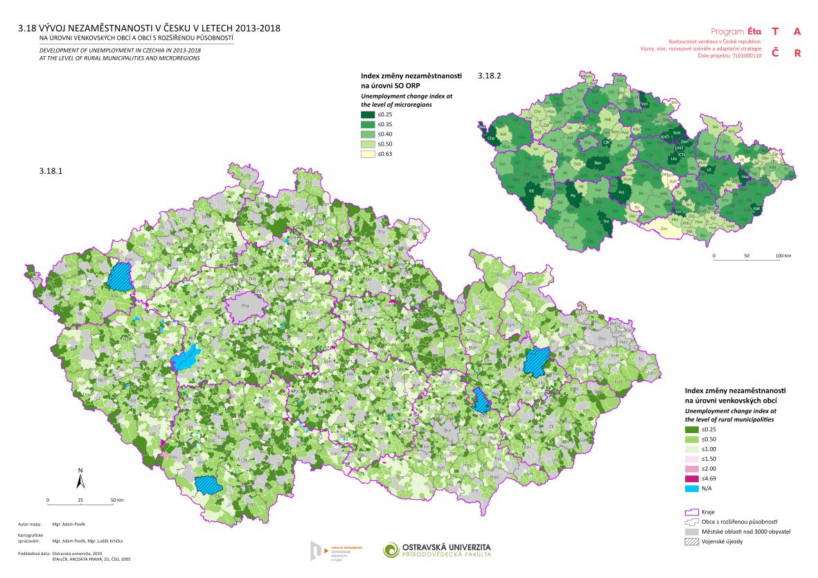 Vývoj nezaměstnanosti v Česku v letech 2013–2018 na úrovni venkovských obcí a obcí s rozšířenou působností